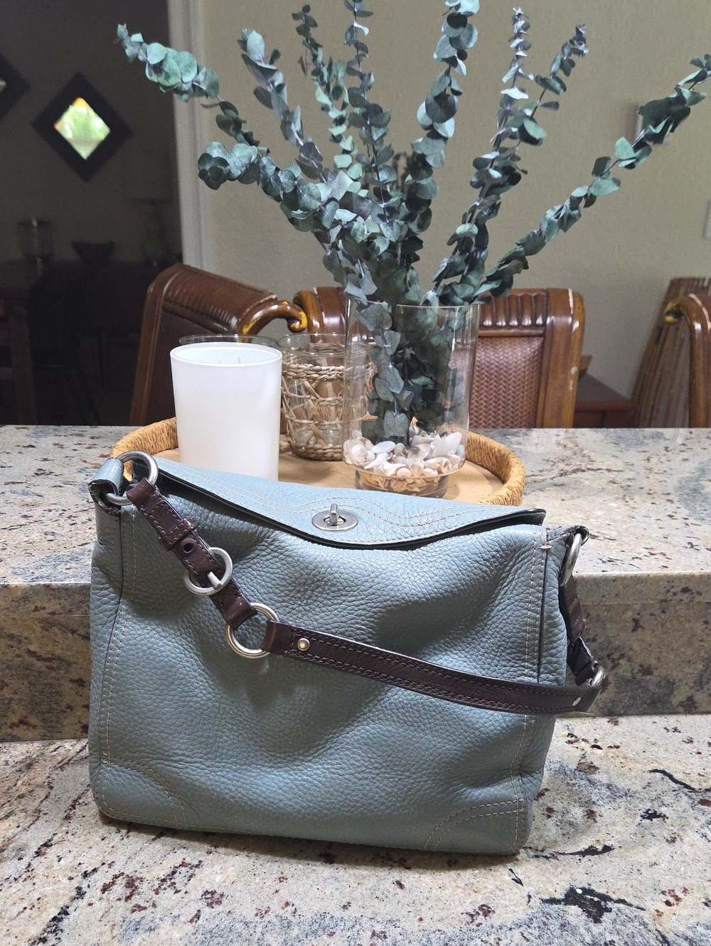 Coach Leather Shoulder Bag in Teal  with Brown Strap